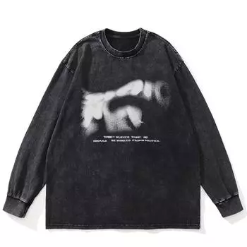 Футболка уличная с граффити-буквами, черная, стираная, хлопковая, унисекс, большие размеры, с длинными рукавами S чёрный