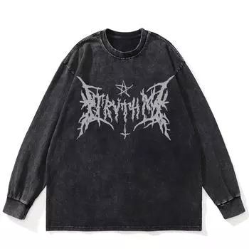 Футболка уличная с графическим принтом в виде букв, черная, стираная, хлопковая, унисекс, большие размеры, с длинными рукавами S чёрный