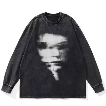 Футболка уличная с принтом Blur Face Graphic Washed Black, хлопковая, унисекс, большие размеры, длинные рукава, футболка S чёрный