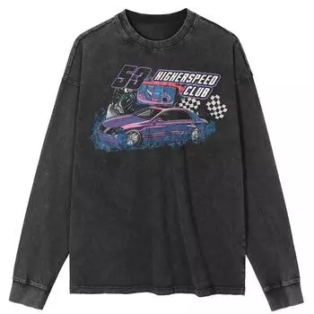 Футболка уличная с принтом гоночного автомобиля, черная, стираная, хлопковая, унисекс, топы, футболки, футболки больших размеров, длинная футболка S чёрный