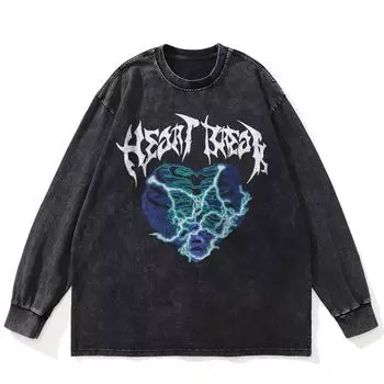 Футболка уличная с принтом «Ligthning Heart» черного цвета, хлопковая, унисекс, большие размеры, длинные рукава S чёрный