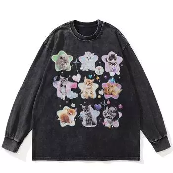 Футболка уличная с принтом Lovely Cats, черная, стираная, хлопковая, унисекс, большие размеры, длинные рукава S чёрный