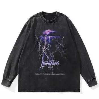 Футболка уличная с принтом молнии, черная, стираная, хлопковая, унисекс, большие размеры, с длинными рукавами S чёрный