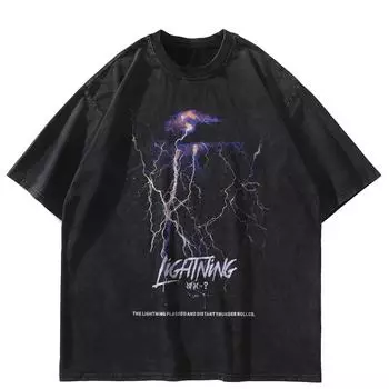 Футболка уличная с принтом молнии, черная, стираная, хлопковая, унисекс, большие размеры, с длинными рукавами S чёрный