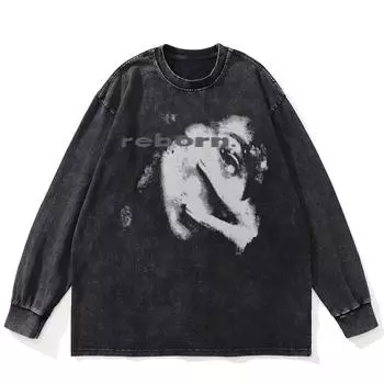 Футболка уличная с принтом на половину лица, черная, стираная, хлопковая, унисекс, большие размеры, с длинными рукавами S чёрный