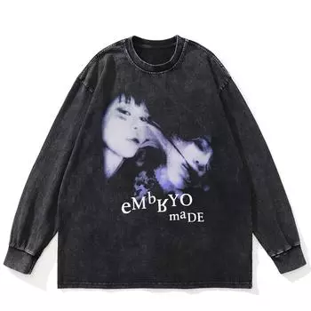 Футболка уличная с принтом на половину лица, черная, стираная, хлопковая, унисекс, большие размеры, с длинными рукавами S чёрный