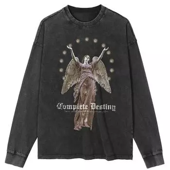 Футболка уличная с рисунком ангела, черная, стираная, хлопковая, унисекс, топы, футболки, большие размеры, длинная футболка S чёрный