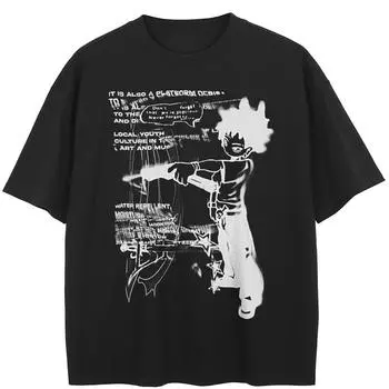 Футболка уличная с рисунком аниме, черная, хлопковая, унисекс, топы, футболки, летняя, с короткими рукавами M чёрный