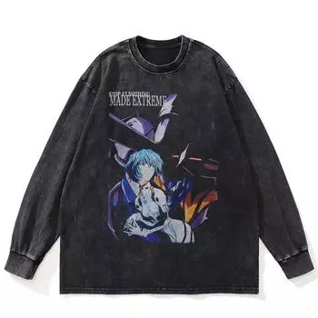 Футболка уличная с рисунком аниме с обеих сторон, черная, стираная, хлопковая, унисекс, большие размеры, с длинными рукавами S чёрный