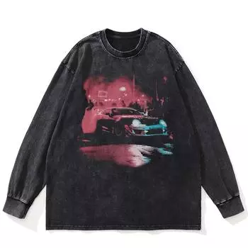 Футболка уличная с рисунком автомобиля, черная, стираная, хлопковая, унисекс, большие размеры, с длинными рукавами S чёрный