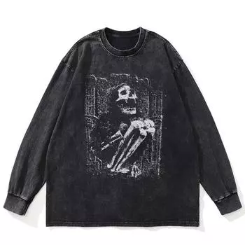 Футболка уличная с рисунком девушки-скелета, черная, стираная, хлопковая, унисекс, большие размеры, длинные рукава S чёрный