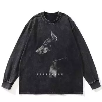 Футболка уличная с рисунком Dobermann, черная, стираная, хлопковая, унисекс, большие размеры, с длинными рукавами M чёрный