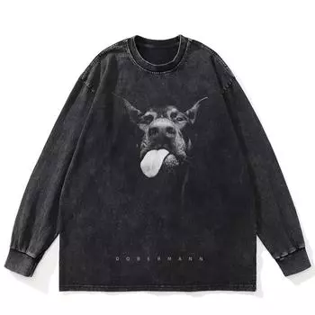 Футболка уличная с рисунком Dobermann, черная, стираная, хлопковая, унисекс, большие размеры, с длинными рукавами S чёрный
