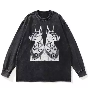 Футболка уличная с рисунком Dobermann, черная, стираная, хлопковая, унисекс, большие размеры, с длинными рукавами S чёрный