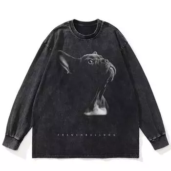 Футболка уличная с рисунком французского бульдога, черная, стираная, хлопковая, унисекс, большие размеры, с длинными рукавами S чёрный