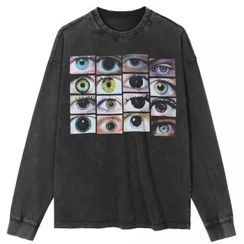 Футболка уличная с рисунком глаз, черная, стираная, хлопковая, унисекс, топы, футболки, футболка больших размеров с длинными рукавами S чёрный