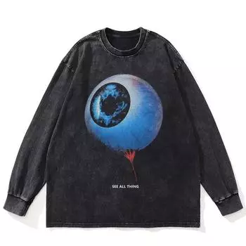 Футболка уличная с рисунком глазного яблока, черная, стираная, хлопковая, унисекс, большие размеры, с длинными рукавами S чёрный