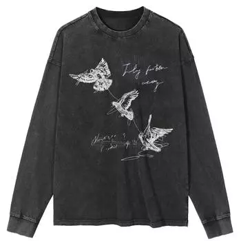 Футболка уличная с рисунком голубя, черная, стираная, хлопковая, унисекс, топы, футболки, футболки больших размеров, длинная футболка S чёрный
