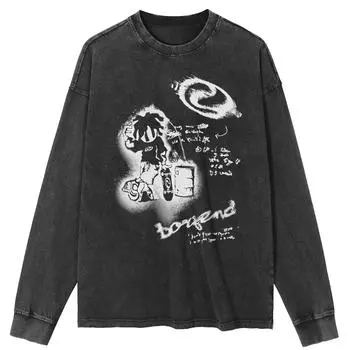 Футболка уличная с рисунком из мультфильма, черная, стираная, хлопковая, унисекс, топы, футболки, футболки больших размеров, длинная футболка S чёрный