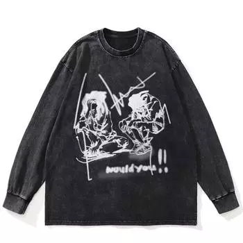 Футболка уличная с рисунком из мультфильма, черная, стираная, хлопковая, унисекс, большие размеры, с длинными рукавами S чёрный