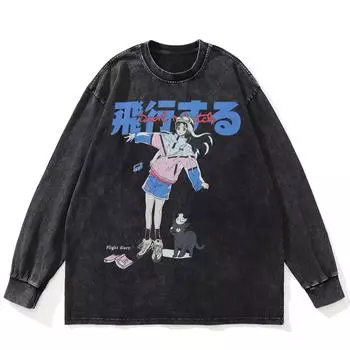 Футболка уличная с рисунком из мультфильма, черная, стираная, хлопковая, унисекс, большие размеры, с длинными рукавами S чёрный