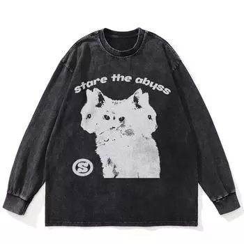 Футболка уличная с рисунком кошек, черная, стираная, хлопковая, унисекс, большие размеры, длинные рукава S чёрный