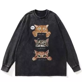 Футболка уличная с рисунком кошек, черная, стираная, хлопковая, унисекс, большие размеры, длинные рукава S чёрный