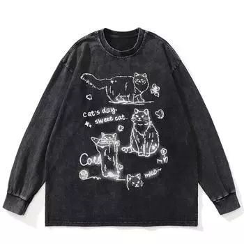 Футболка уличная с рисунком кошек из аниме, черная, стираная, хлопковая, унисекс, большие размеры, с длинными рукавами S чёрный