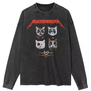 Футболка уличная с рисунком кошек с обеих сторон, черная, стираная, хлопковая, унисекс, топы, футболки, футболка больших размеров с длинными рукавами S чёрный