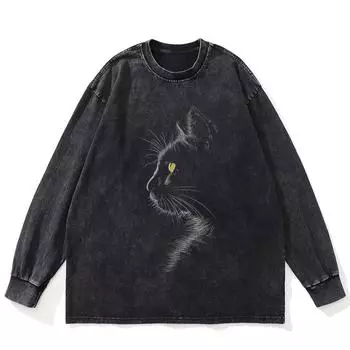 Футболка уличная с рисунком кота, черная, стираная, хлопковая, унисекс, большие размеры, длинные рукава S чёрный
