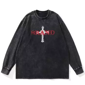 Футболка уличная с рисунком креста по обеим сторонам, черная, стираная, хлопковая, унисекс, большие размеры, с длинными рукавами S чёрный