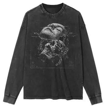 Футболка уличная с рисунком лица, черная, стираная, хлопковая, унисекс, топы, футболки, большие размеры, длинная футболка S чёрный