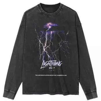 Футболка уличная с рисунком Lightning, черная, стираная, хлопковая, унисекс, топы, футболки, большие размеры, длинная футболка S чёрный