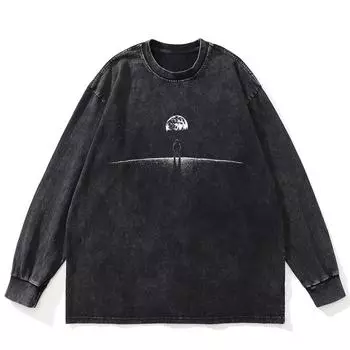 Футболка уличная с рисунком лунной космической станции, черная, стираная, хлопковая, унисекс, большие размеры, с длинными рукавами S чёрный