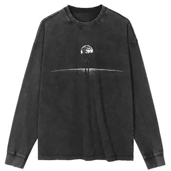 Футболка уличная с рисунком Луны, черная, с эффектом потертости, хлопковая, унисекс, топы, футболки, футболки больших размеров, длинная футболка S чёрный