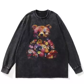 Футболка уличная с рисунком медведя Rose, черная, стираная, хлопковая, унисекс, большие размеры, с длинными рукавами S чёрный