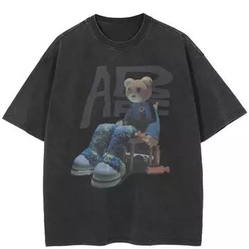 Футболка уличная с рисунком медведя Sad Bear, черная футболка из хлопка, унисекс, свободная, с короткими рукавами S чистый/чёрный