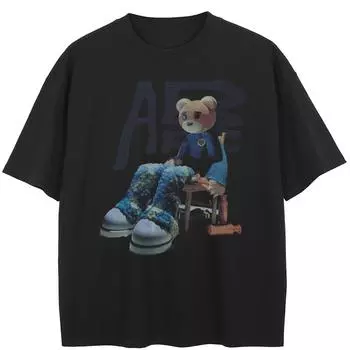 Футболка уличная с рисунком медведя Sad Bear, хлопковые унисекс-топы, футболки, летние футболки с короткими рукавами M чёрный