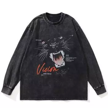Футболка уличная с рисунком пантеры, черная, стираная, хлопковая, унисекс, большие размеры, длинные рукава S чёрный
