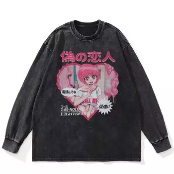 Футболка уличная с рисунком японского аниме, черная, стираная, хлопковая, унисекс, большого размера, с длинными рукавами S чёрный