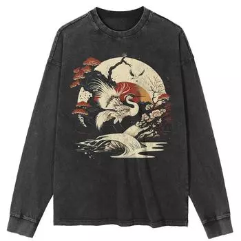 Футболка уличная с рисунком японского журавля, черная, стираная, хлопковая, унисекс, топы, футболки, футболки больших размеров, длинная футболка S чёрный