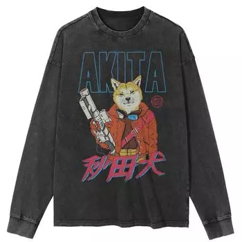 Футболка уличная с рисунком японской акита, черная, стираная, хлопковая, унисекс, топы, футболки, большие размеры, длинная футболка S чёрный