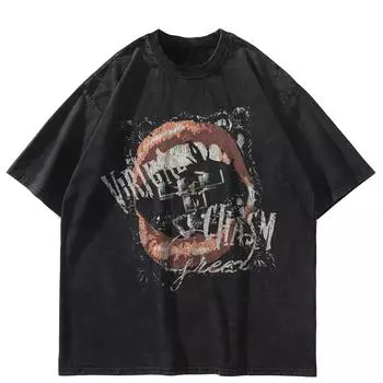 Футболка уличная с рисунком рта, черная, хлопковая, унисекс, топы, футболки, летняя, с короткими рукавами S чёрный