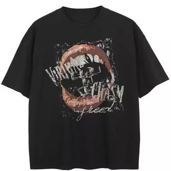 Футболка уличная с рисунком рта, хлопковая, унисекс, топы, футболки, летняя футболка с короткими рукавами M чёрный