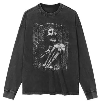 Футболка уличная с рисунком скелета, черная, стираная, хлопковая, унисекс, топы, футболки, футболки больших размеров, длинная футболка S чёрный