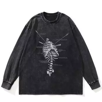 Футболка уличная с рисунком скелета, черная, стираная, хлопковая, унисекс, большие размеры, длинные рукава S чёрный