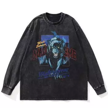 Футболка уличная с рисунком тигра, черная, стираная, хлопковая, унисекс, большие размеры, длинные рукава S чёрный