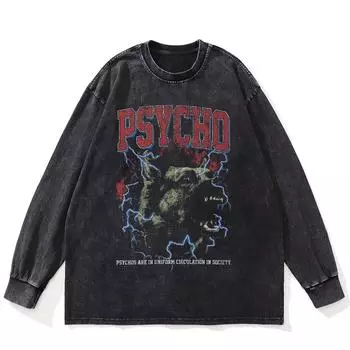 Футболка уличная с рисунком волка, черная, стираная, хлопковая, унисекс, большие размеры, длинные рукава S чёрный