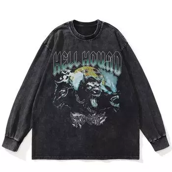 Футболка уличная с рисунком волка, черная, стираная, хлопковая, унисекс, большие размеры, длинные рукава S чёрный