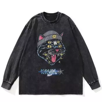 Футболка уличная с рисунком забавного кота, черная, стираная, хлопковая, унисекс, большие размеры, с длинными рукавами S чёрный